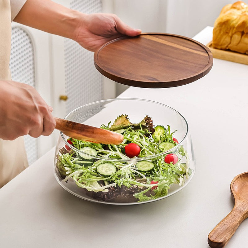 Contemporary 3600ml Glass Salad Bowl with Multifunctional Acacia Wood Base & Lid