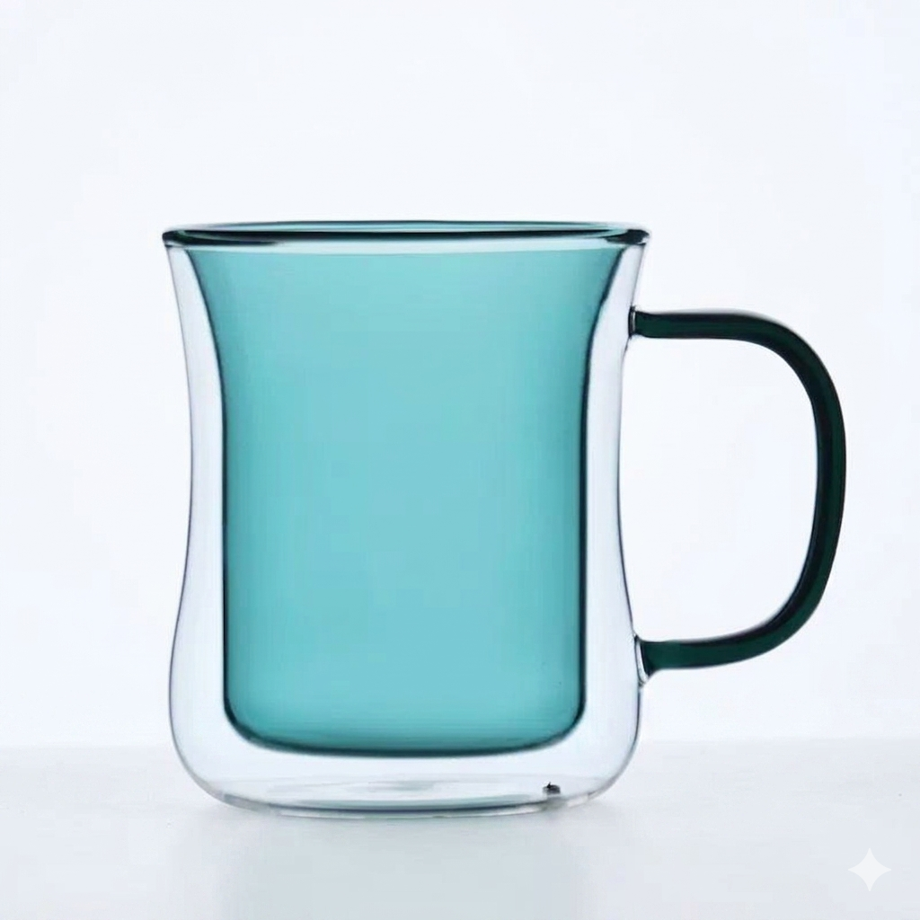 Double Wall 300ml Glass Cup with Green Handle for Latte, Espresso & Cappuccino