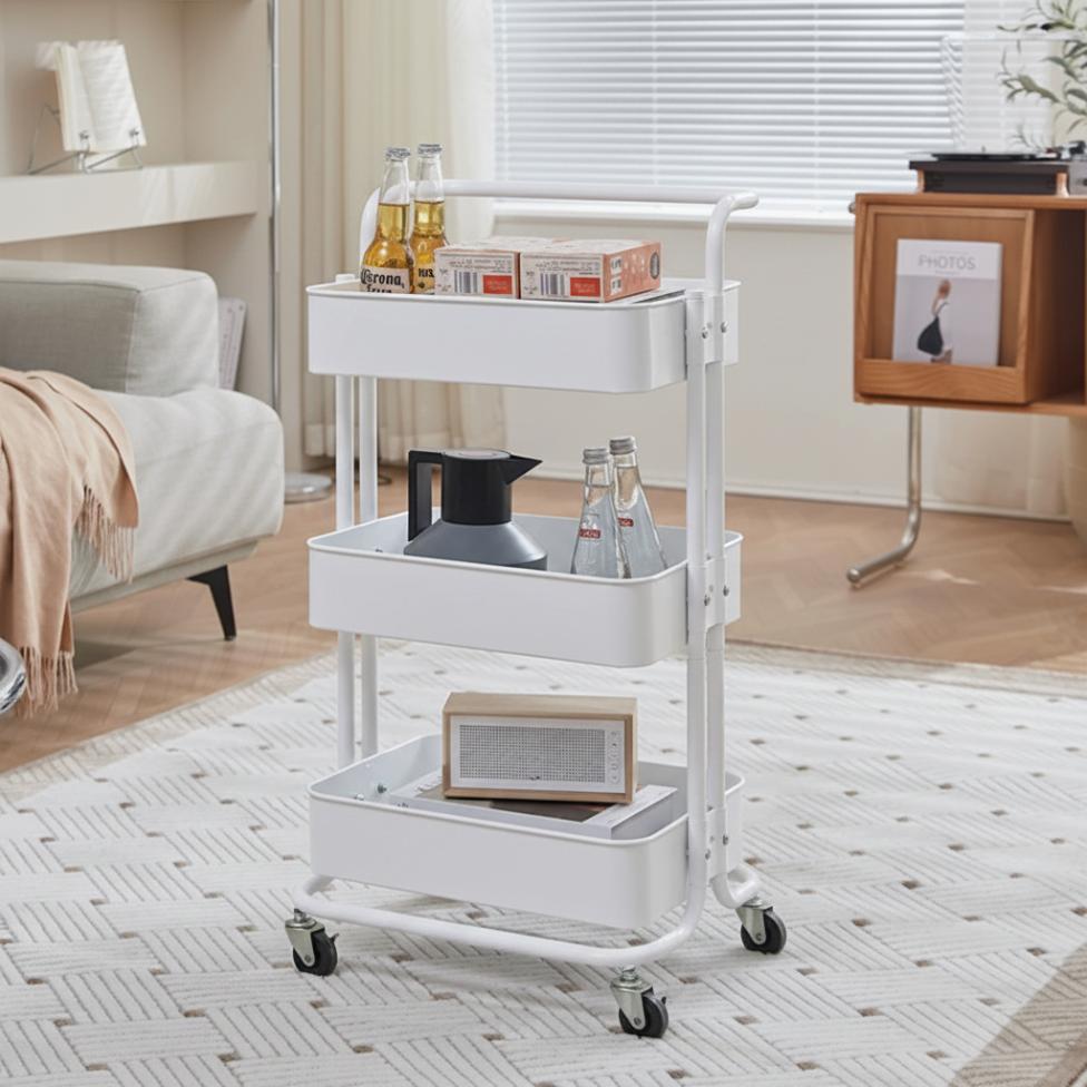 3-Tier Carbon Steel Mobile Storage Utility Cart-White