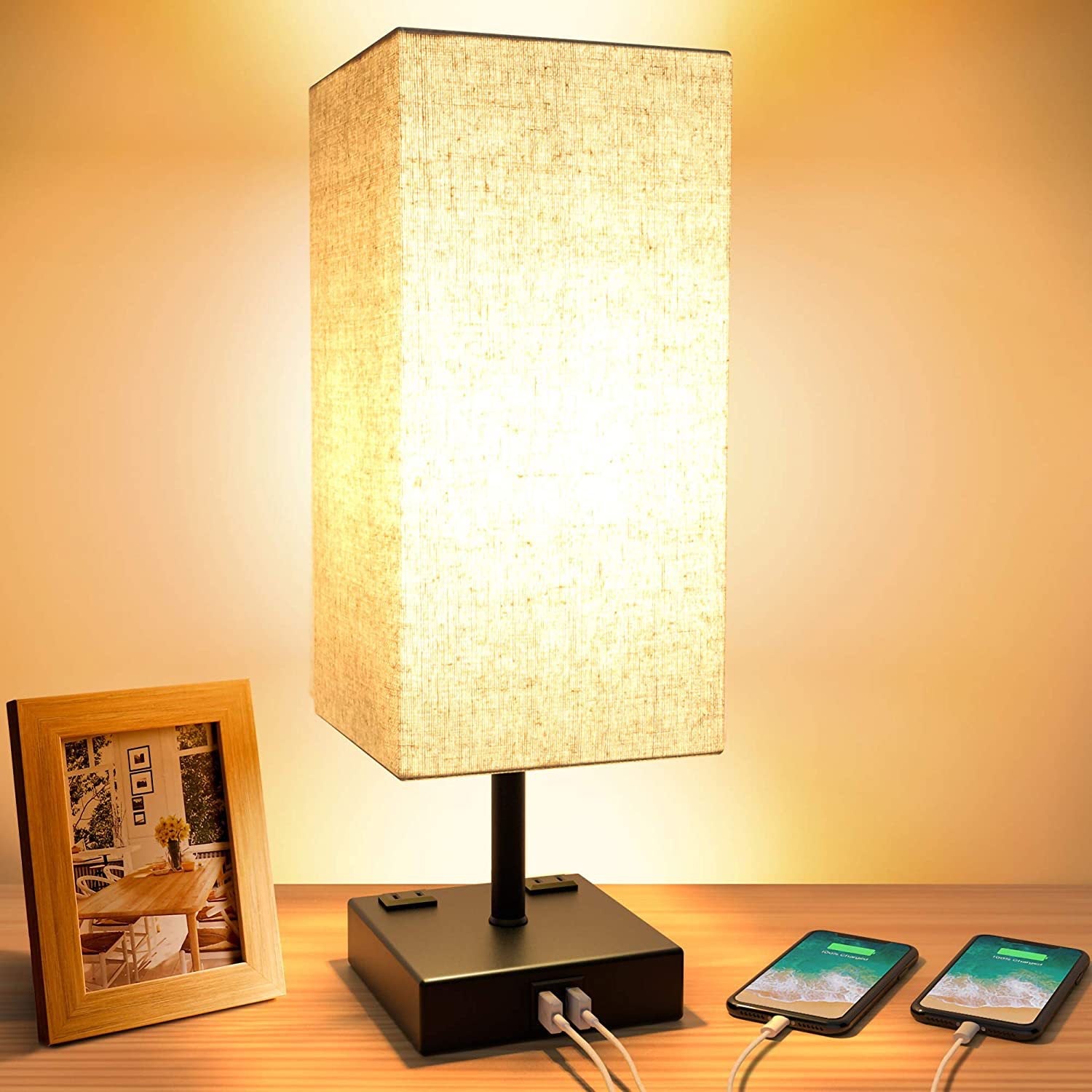 Modern Table Lamp with Dual USB Charging Ports and Linen Fabric Shade