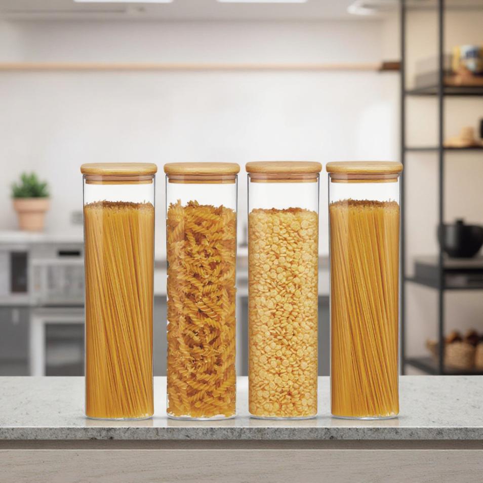 1500ml Glass Storage Square Wooden Bamboo Lid Eco-Friendly Kitchen Pantry