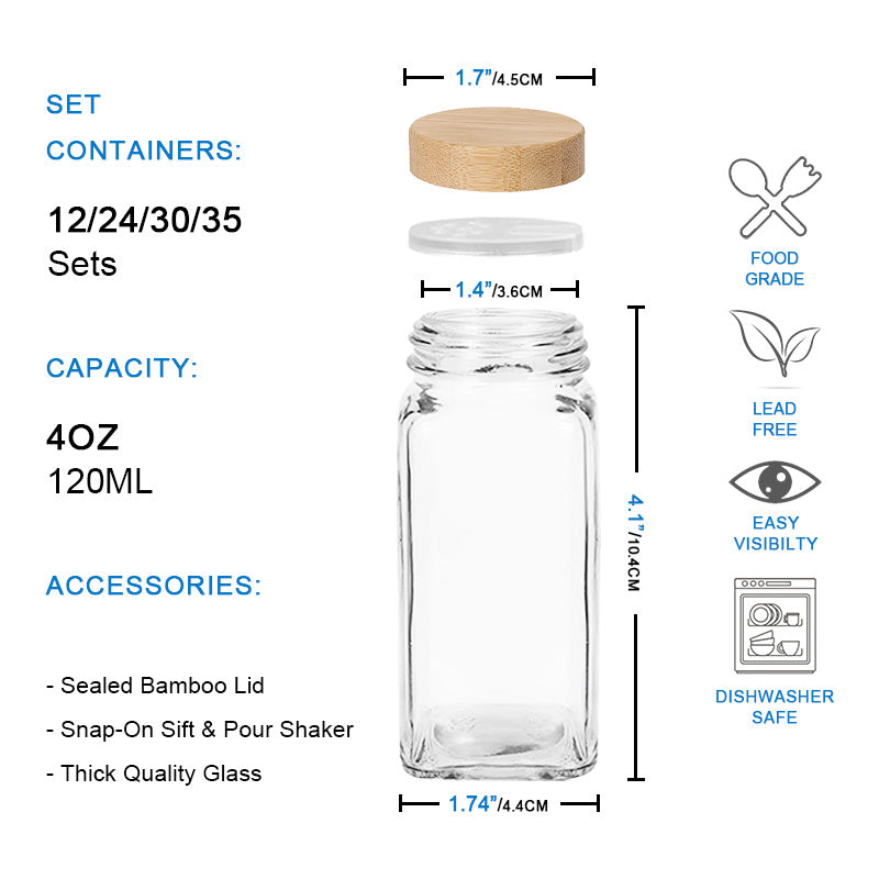 Set of 24 Piece Glass Spice Jar Organizer Kit with Bamboo Lids