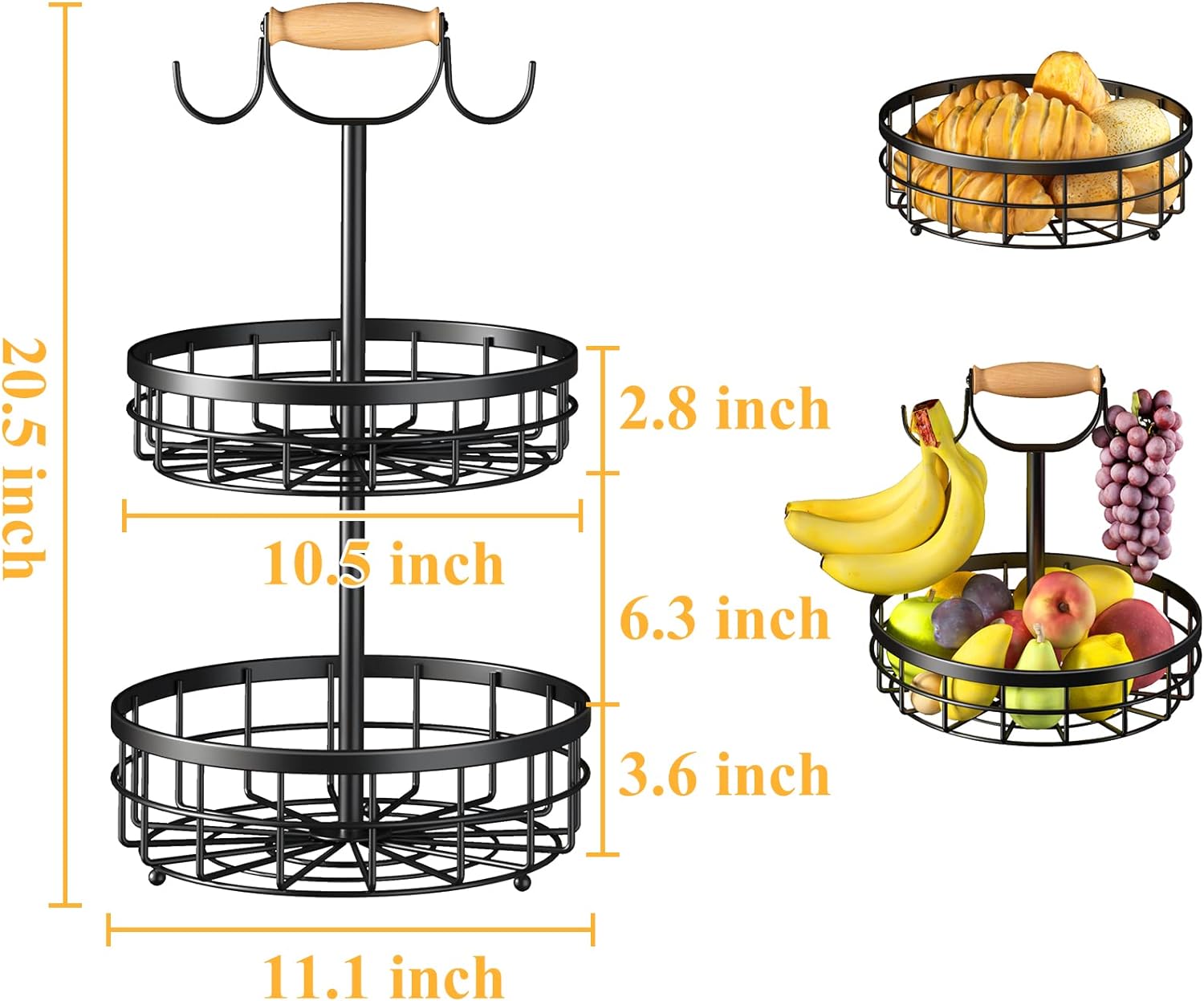 2 Tier Metal Bamboo Food Storage Fruit Basket Vegetable
