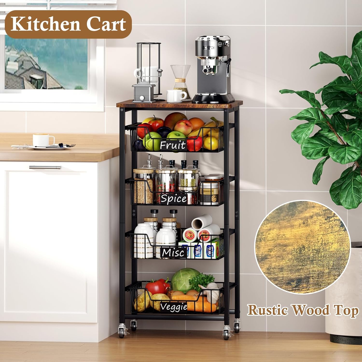 4-Tier Rolling Snack Organizer Cart with Industrial Wood Top – Mobile Pantry Storage