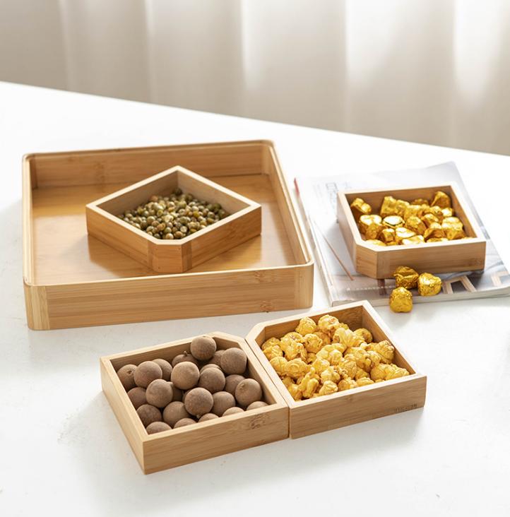 4 Removable Compartments Bamboo Dry Fruit Serving Tray with Acrylic Lid