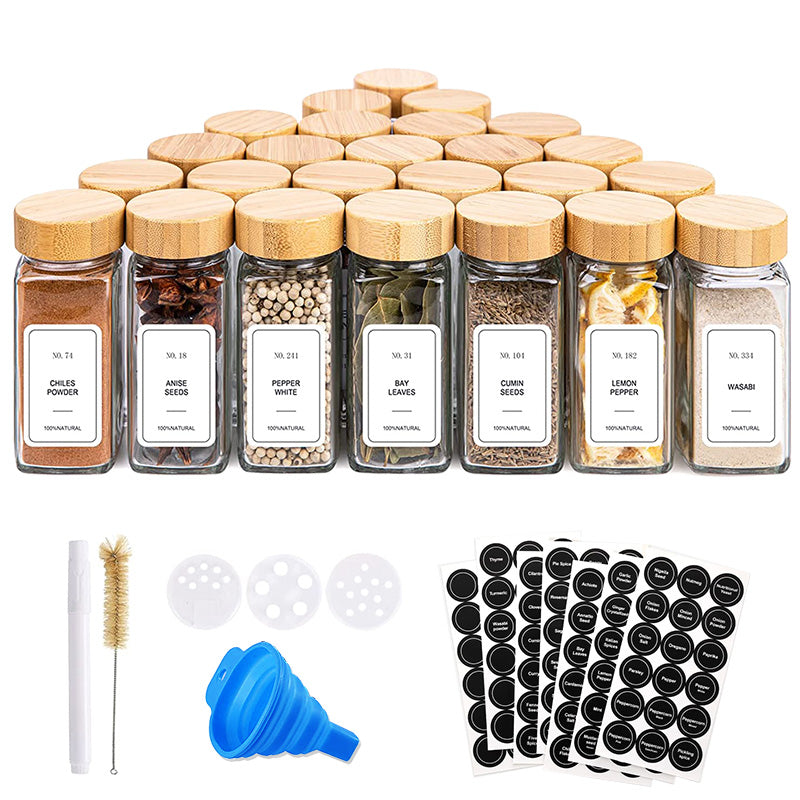Set of 24 Piece Glass Spice Jar Organizer Kit with Bamboo Lids
