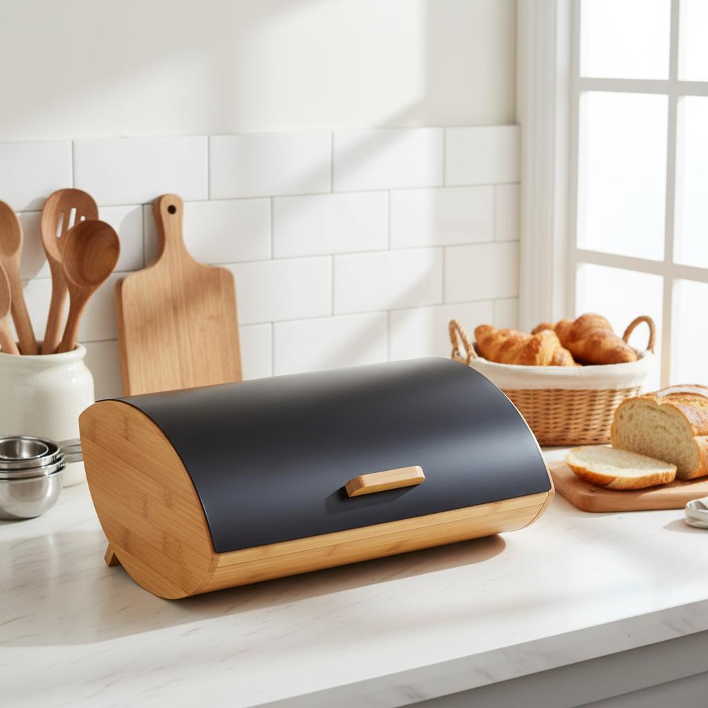 Modern Bamboo Bread Box with Roll-Top Lid – Large Kitchen Bread Storage Container