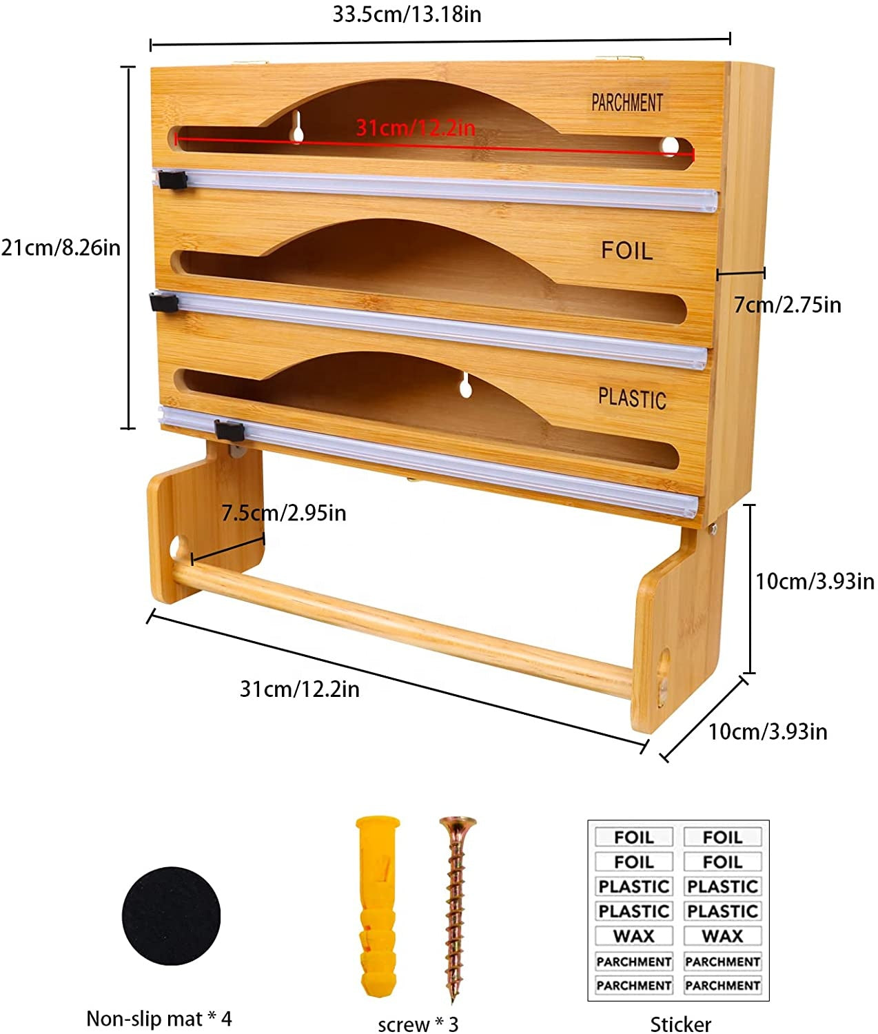 4 in 1 Wall-Mount Kitchen Bamboo Foil Wrap Dispenser