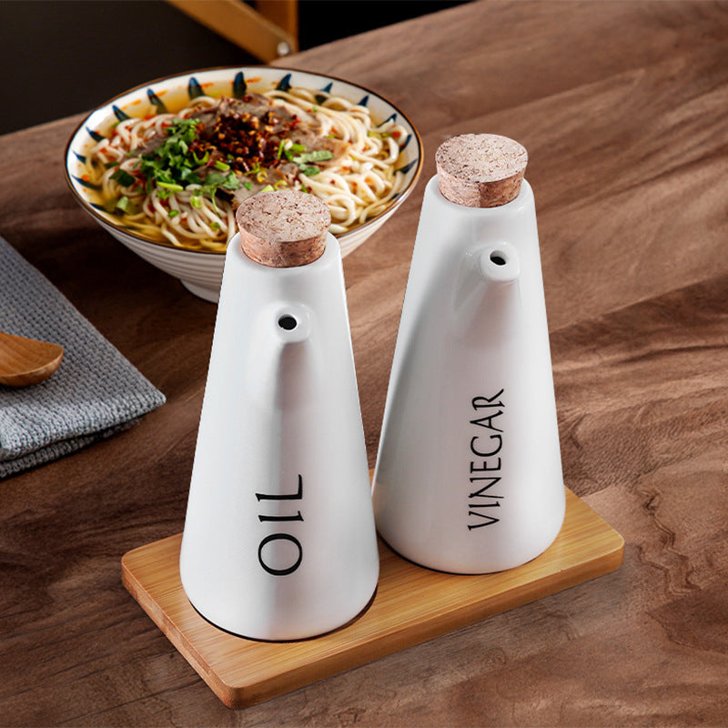 Ceramic Oil & Vinegar Dispenser Set with Wooden Tray & Cork Stoppers