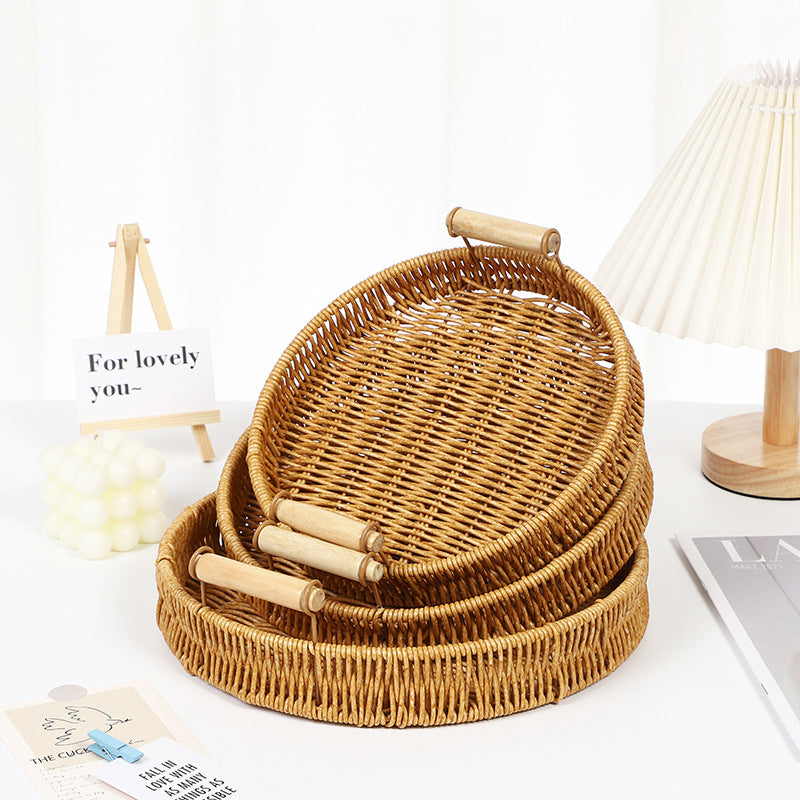 Set of 3 Trays-Rattan Handmade Woven Round Serving Tray for Fruit and Bread