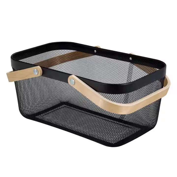 Rectangular Wire Mesh Basket Metal with Bamboo Handle