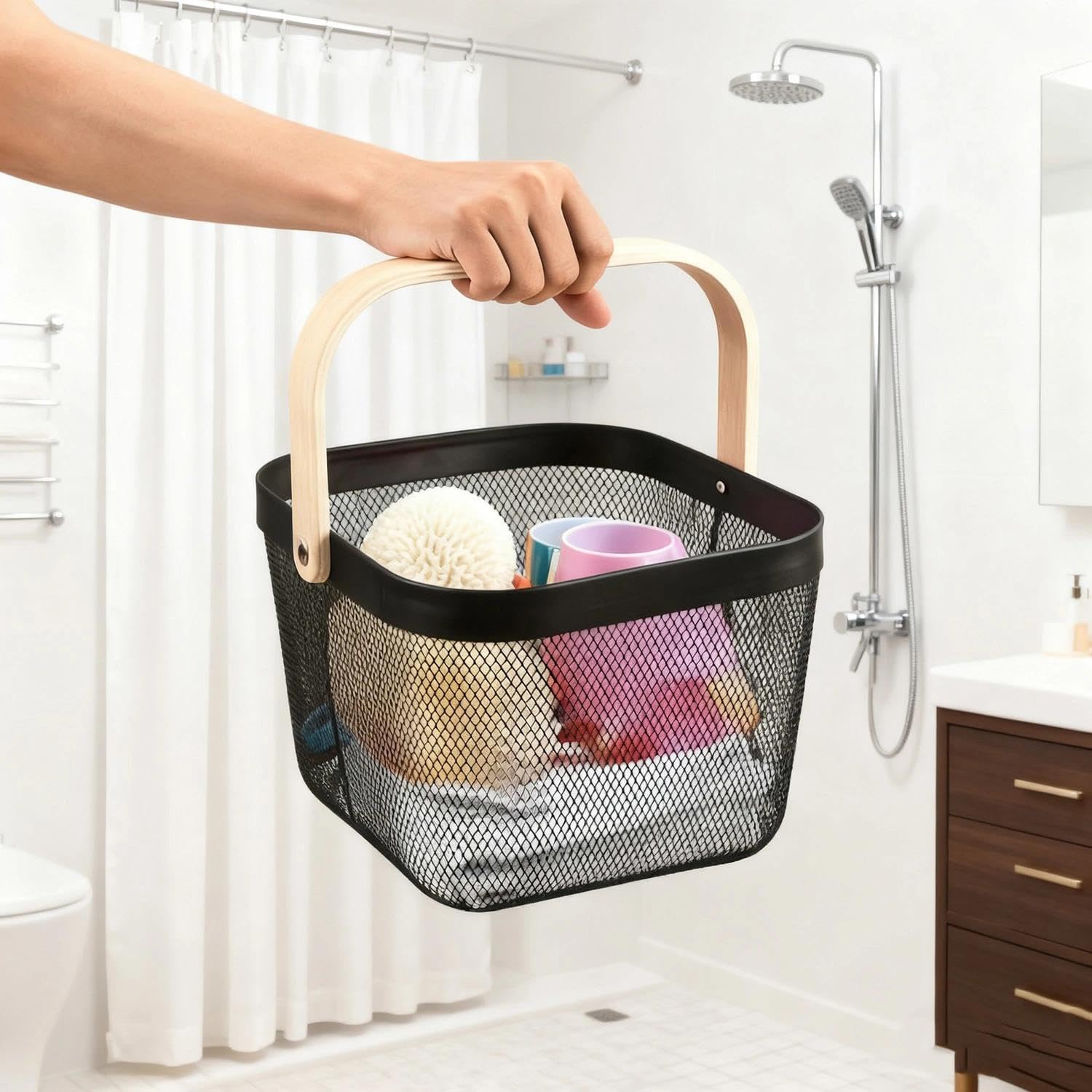 Metal Mesh Storage Basket with Wooden Handle