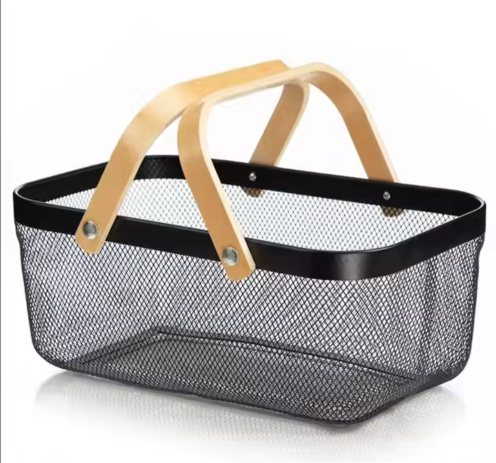 Rectangular Wire Mesh Basket Metal with Bamboo Handle
