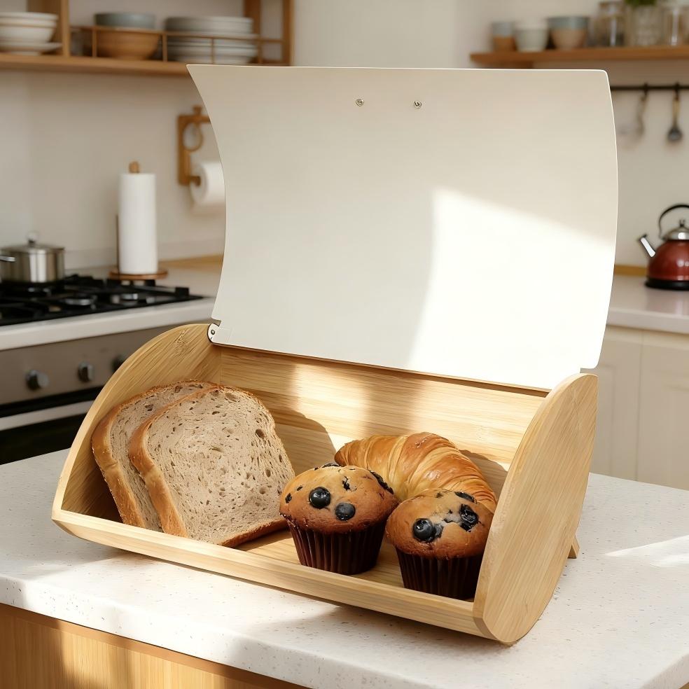 Modern Bamboo Bread Box with Roll-Top Lid – Large Kitchen Bread Storage Container