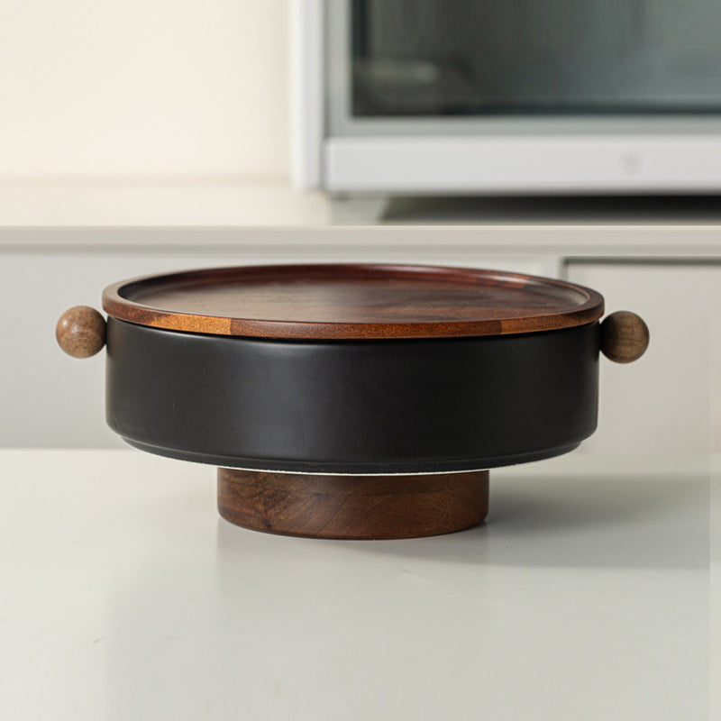 Nordic Ceramic Snack & Candy Dish with Natural Wood Accent Stand & Lid