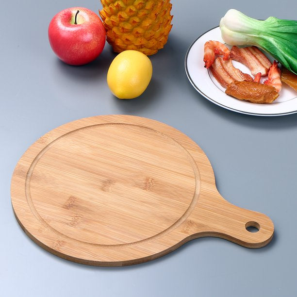 bamboo round wooden pizza serving tray with handle for multipurpose use for vegetables fruits and cheese