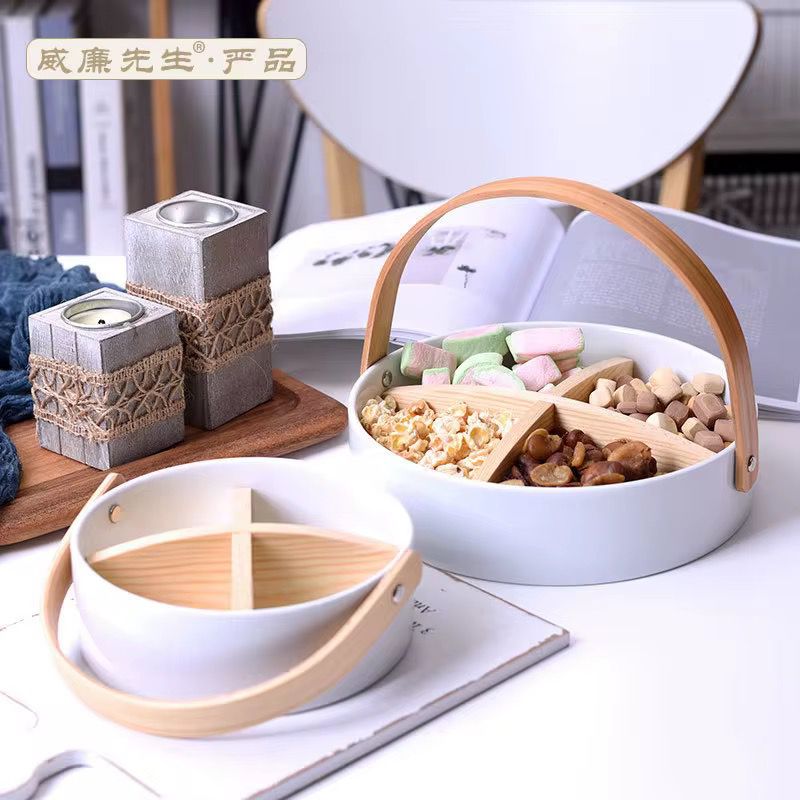 Ceramic Divided Serving Basket with Arched Wooden Handle and Lid-Available in 2 sizes