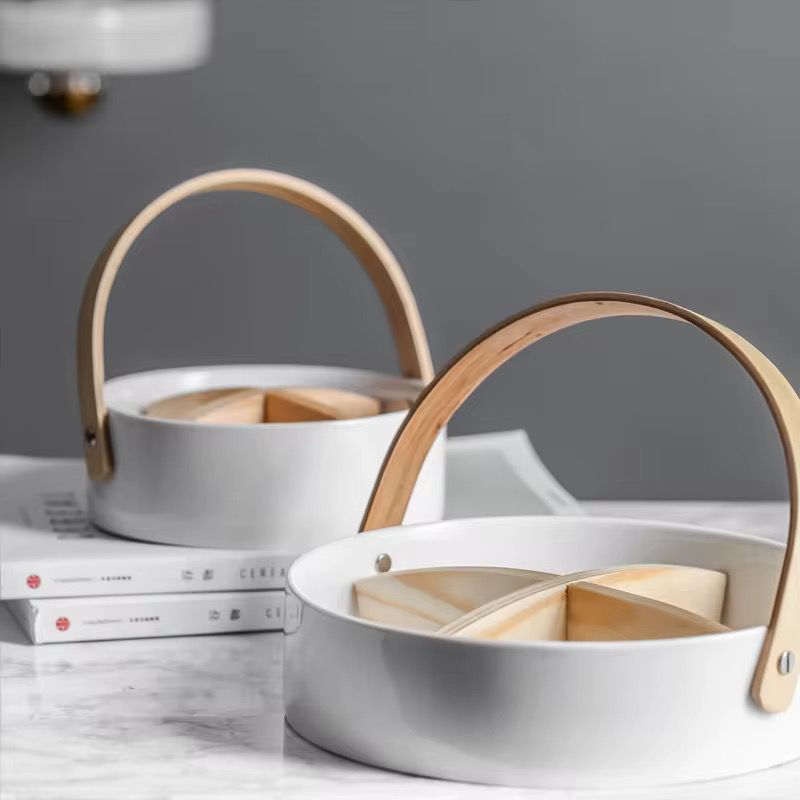 Ceramic Divided Serving Basket with Arched Wooden Handle and Lid-Available in 2 sizes