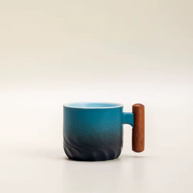 6 Pieces 80ML Ceramic Gradient Latte Coffee Cup Wooden Handle