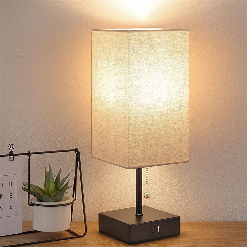 Modern Table Lamp with Dual USB Charging Ports and Linen Fabric Shade