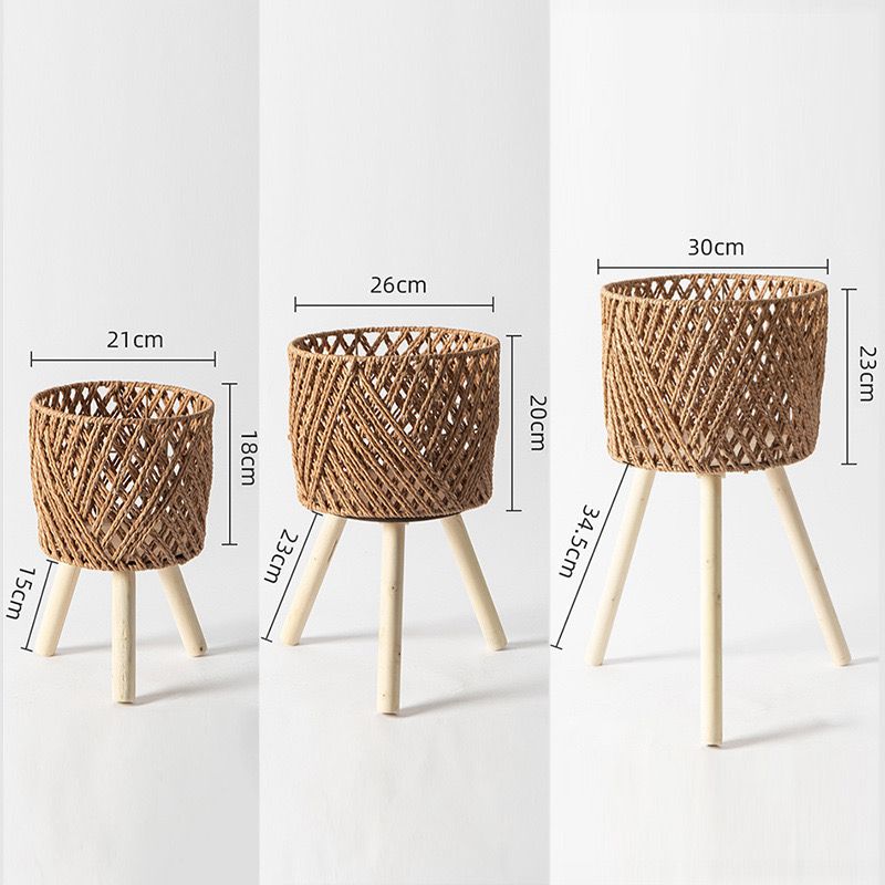 Handwoven Rattan Planter Set with Wooden Legs – 3-Piece Decorative Indoor Boho Flower Pot & Plant Stand Set (Small, Medium, Large)