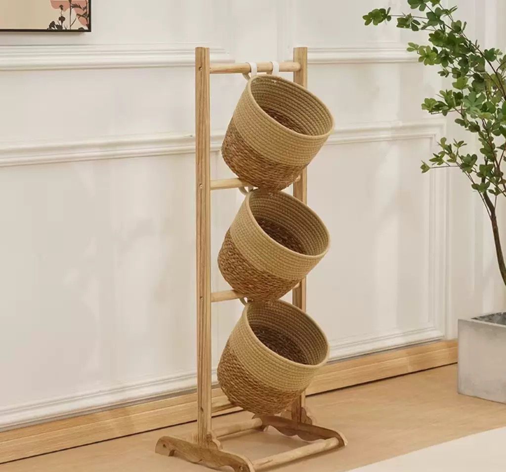 3-Tier Free-Standing Woven Basket Storage Organizer