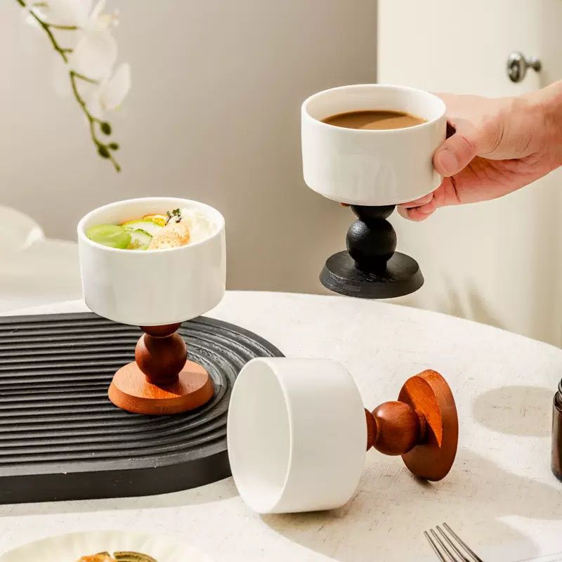 Modern Ceramic Pedestal Goblet Bowl with Wooden Base – Elegant High-Footed Porcelain Dessert Cup