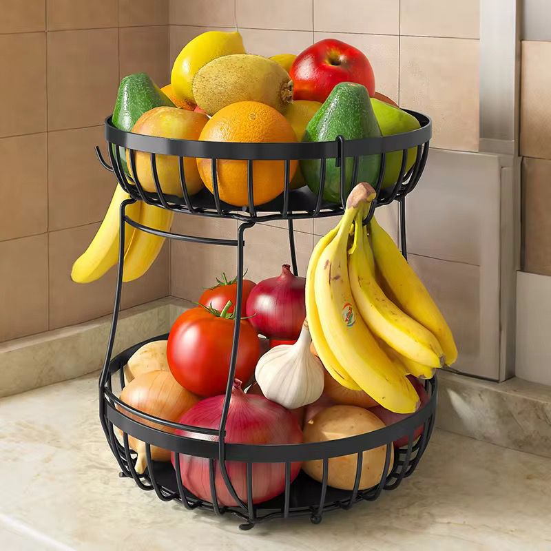 2 Tier Stackable Fruit Basket for Kitchen Counter with 2 Banana Hangers