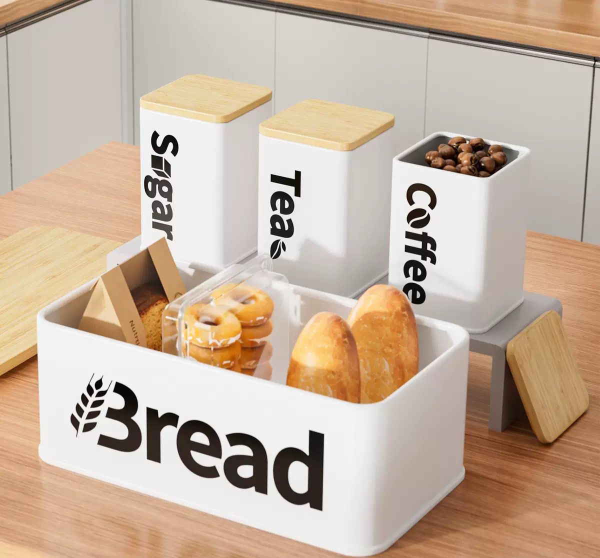 stainless-steel canisters with bamboo lid for bread, coffee, tea & sugar