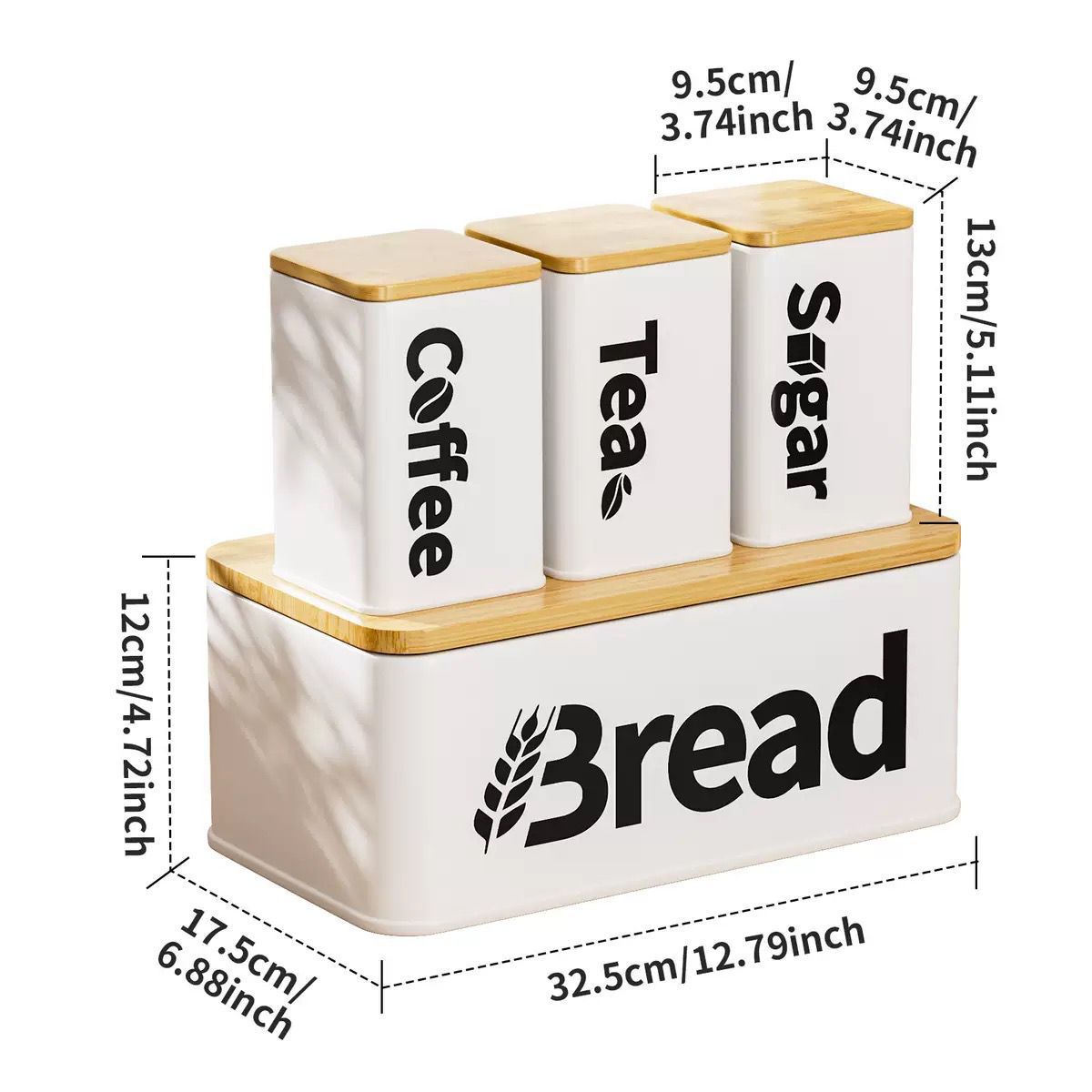 stainless-steel canisters with bamboo lid for bread, coffee, tea & sugar