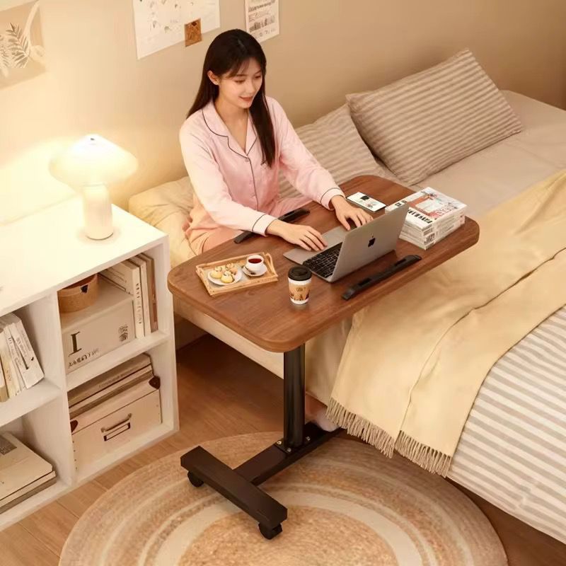 Mobile Adjustable Side Table – Height Adjustable Rolling Laptop Desk, Foldable Bedside Table in Walnut Finish