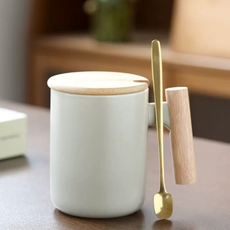 400ML WHITE Modern Ceramic Coffee Mug with Wooden Handle LID AND SPOON
