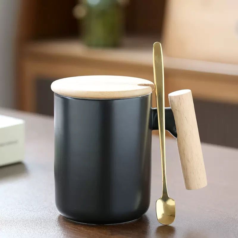 400ML BLACK Modern Ceramic Coffee Mug with Wooden Handle LID AND SPOON