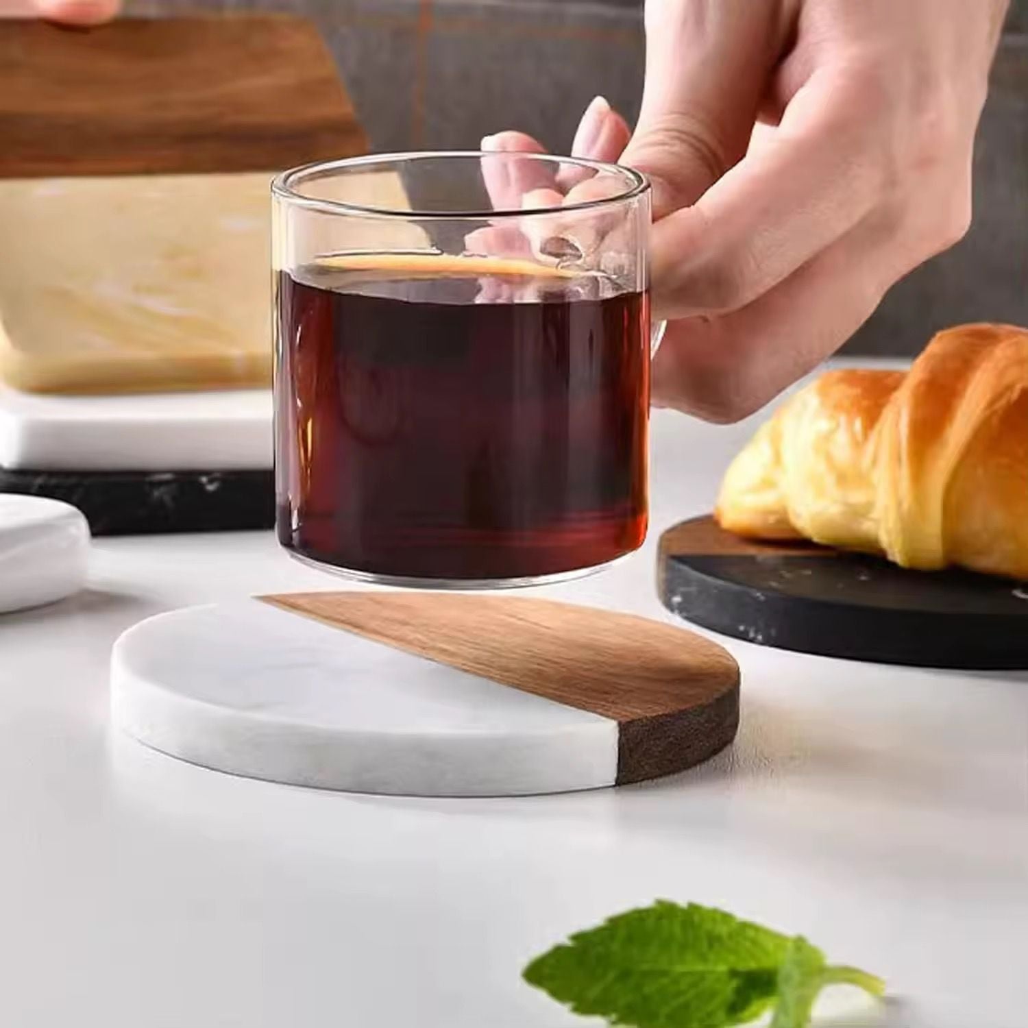 10cm Round Acacia Wood and Marble Coaster