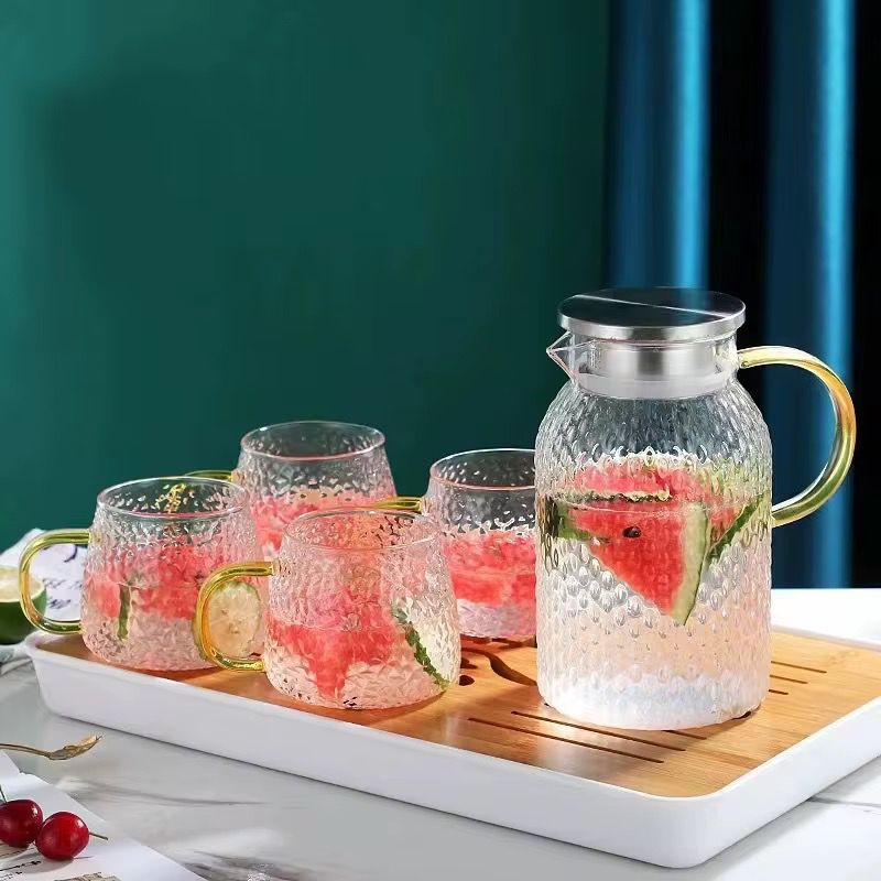 Hammered Glass Pitcher and Cup Set with Gold-Tone Accents