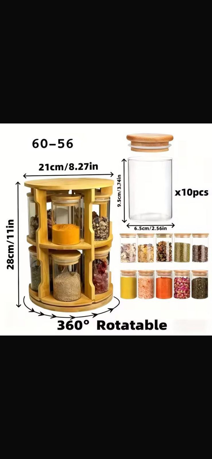 360° Rotatable Bamboo Spice Carousel with 10 Glass Jars