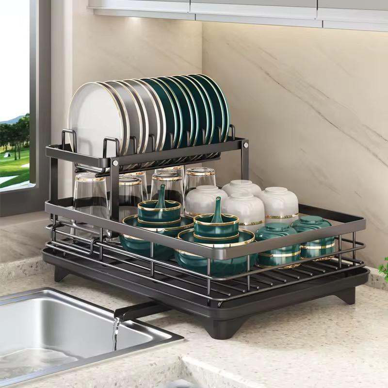 Modern 2-Tier Space-Saving Dish Drying Rack with Swivel Drainage System