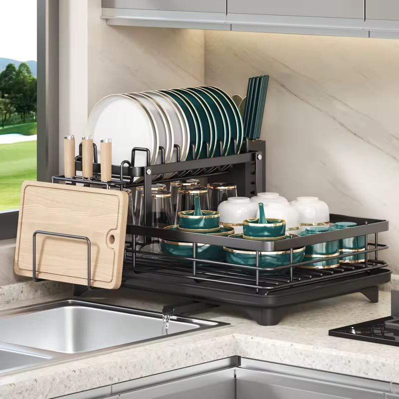 Modern 2-Tier Space-Saving Dish Drying Rack with Swivel Drainage System