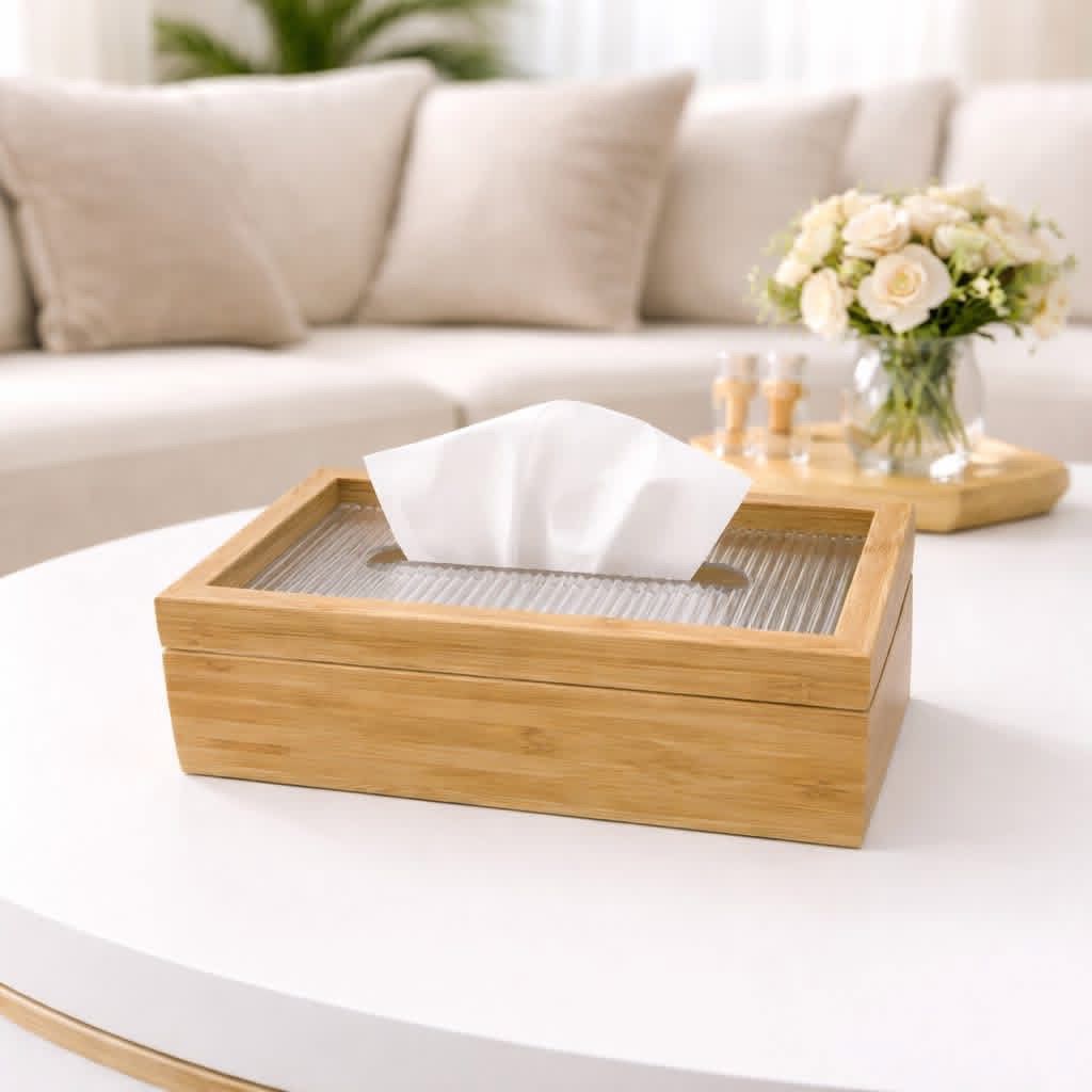 Bamboo Tissue Box with Fluted Glass-Style Acrylic Lid