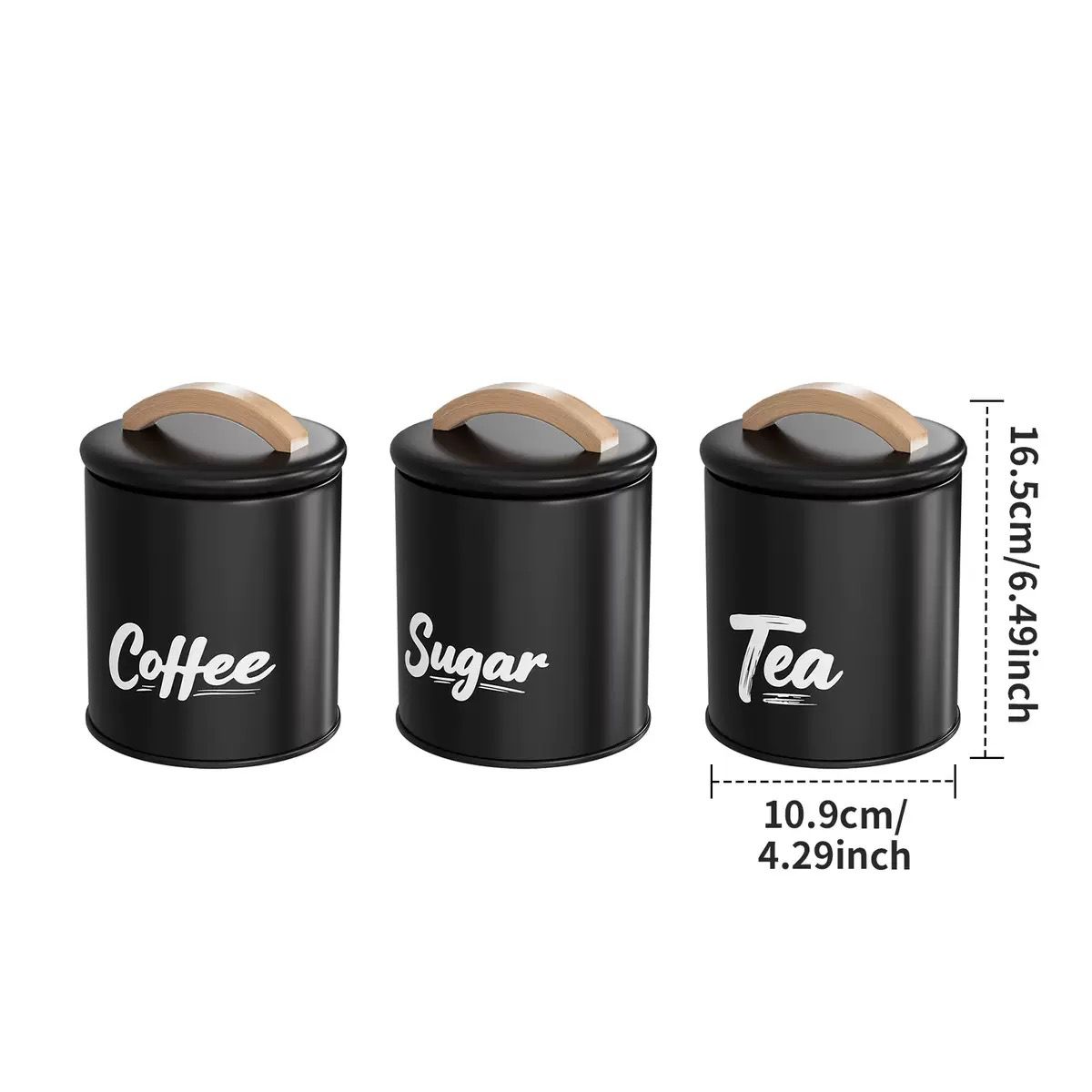 3-Piece Kitchen Storage Canister Set – Sugar, Coffee & Tea Containers with Wooden Lid Handles