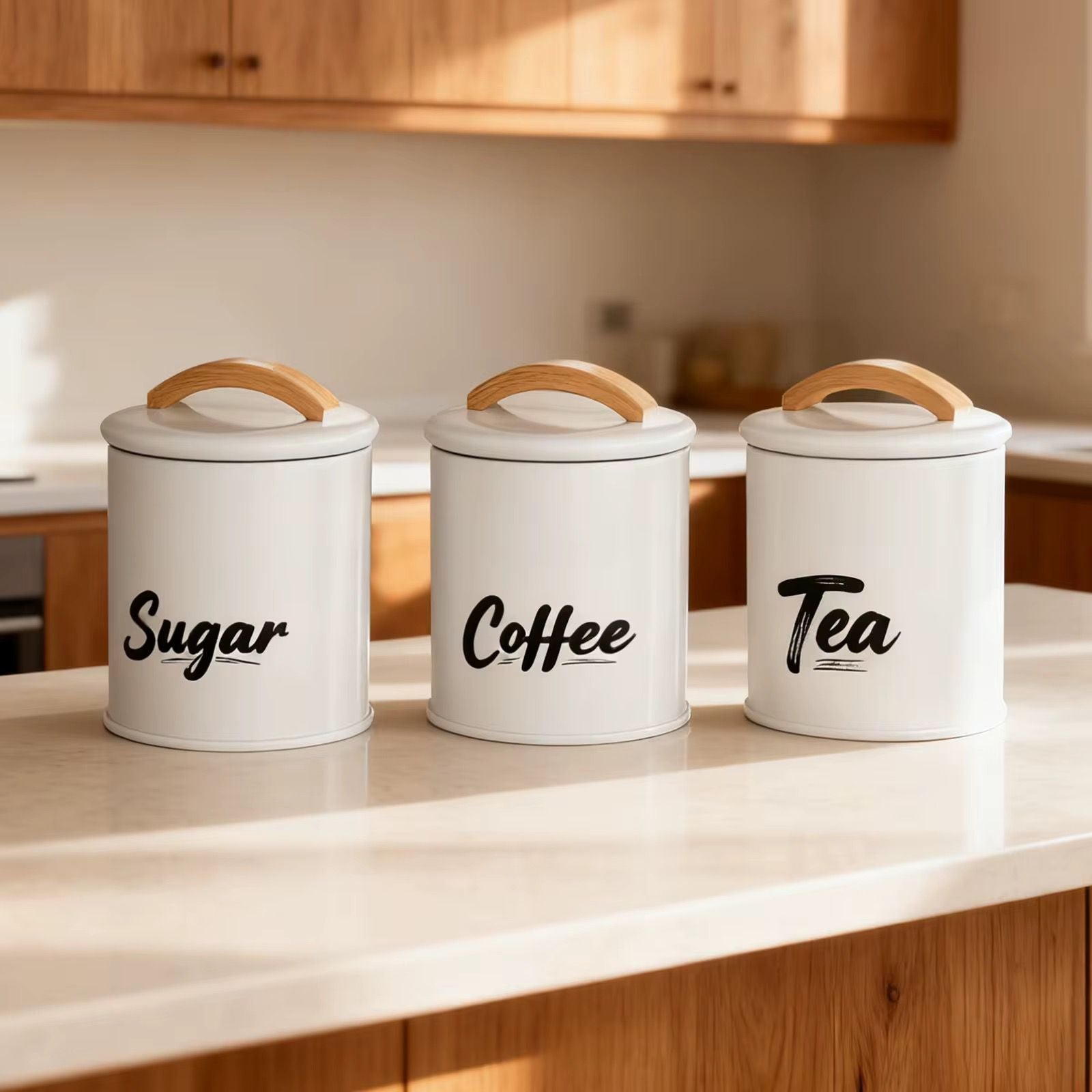 3-Piece Kitchen Storage Canister Set – Sugar, Coffee & Tea Containers with Wooden Lid Handles