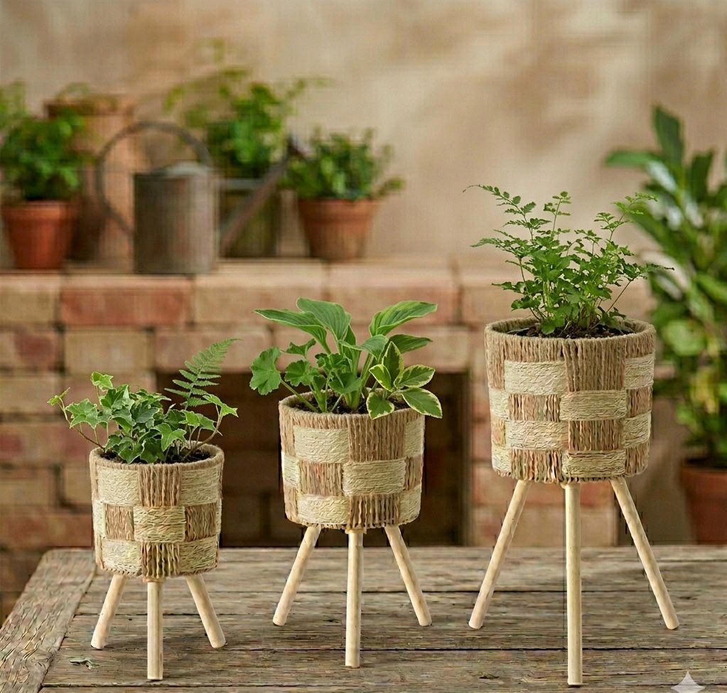 Hand-Woven Planter Basket Set with Modern Wooden Tripod Legs
