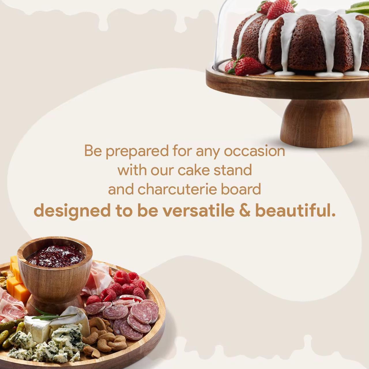 Premium Acacia Wood Cake Stand with Shatterproof Acrylic Dome Lid