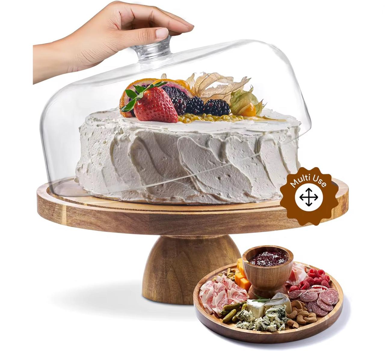 Premium Acacia Wood Cake Stand with Shatterproof Acrylic Dome Lid