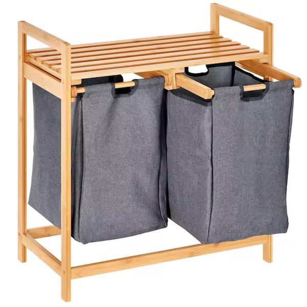 Bamboo Laundry Hamper with Dual Slide-Out Storage Bags