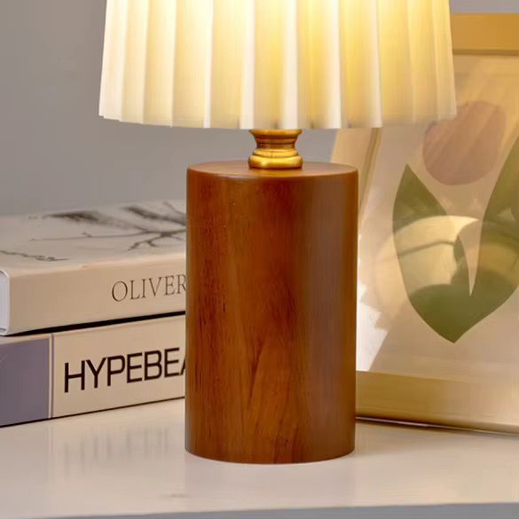 Minimalist Wooden Table Lamp with Cream Pleated Shade