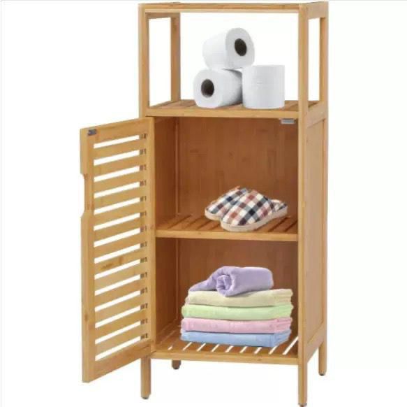 Multi-Tier Bamboo Bathroom Storage Cabinet with Door & Open Shelves – Space Saving Organizer Rack