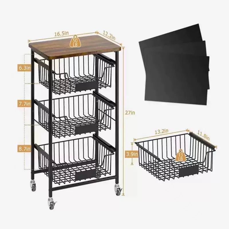 3-Tier Rolling Kitchen Utility Cart with Industrial Wood Top – Mobile Storage Organizer