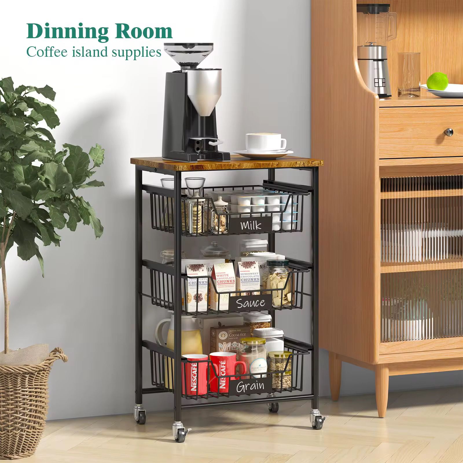 3-Tier Rolling Kitchen Utility Cart with Industrial Wood Top – Mobile Storage Organizer