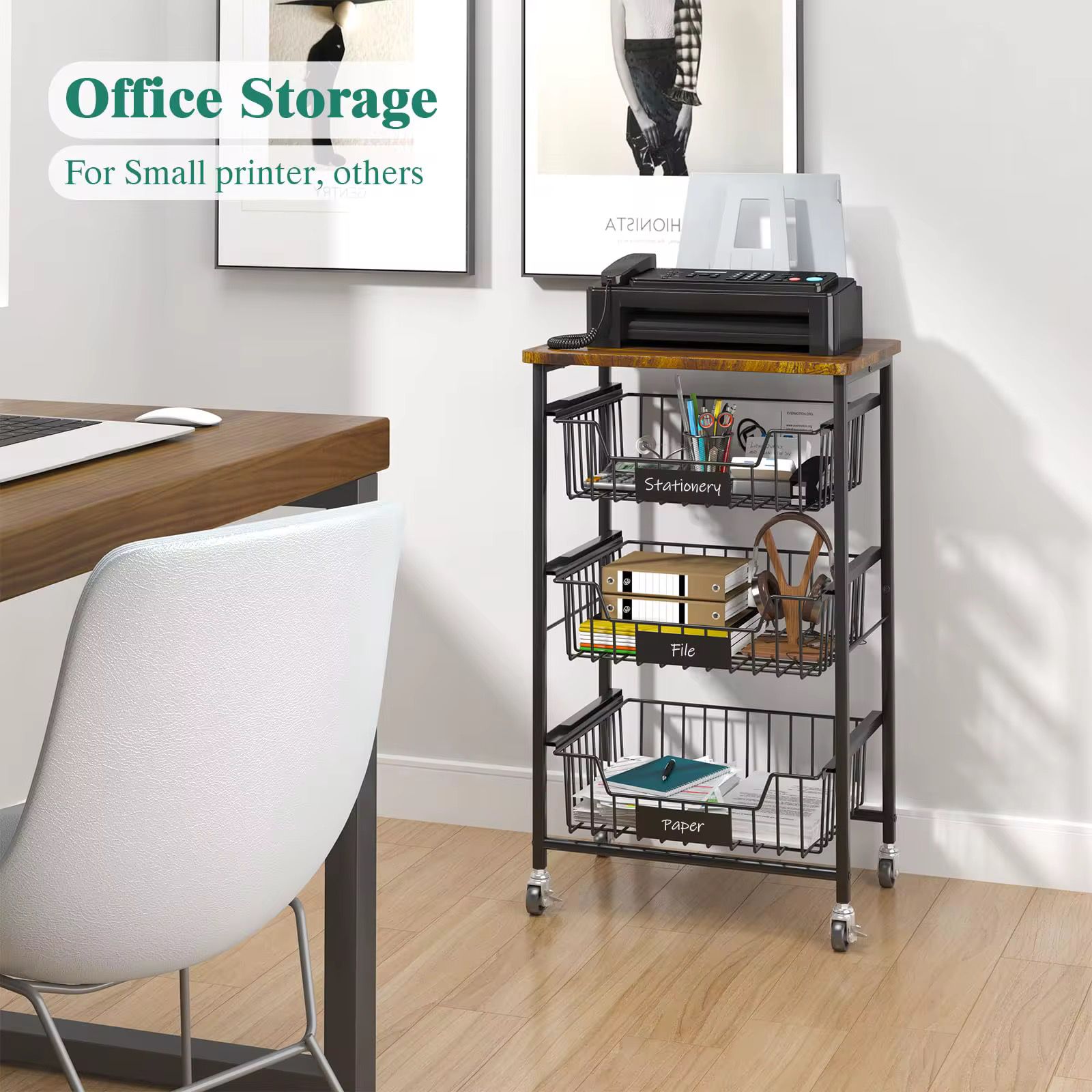 3-Tier Rolling Kitchen Utility Cart with Industrial Wood Top – Mobile Storage Organizer